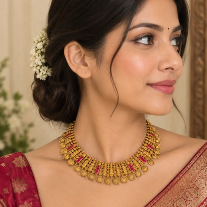 Rekha Chakra Temple Jewellery Short Necklace Set with Circular Motifs J-828