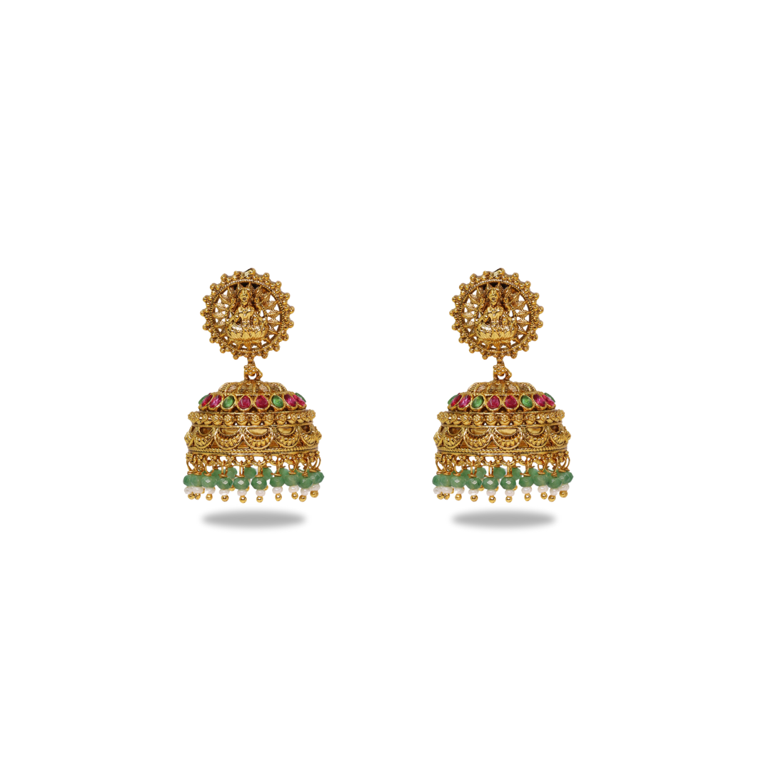 Antique Laxmi Temple Jhumka with Green Beads R-2230