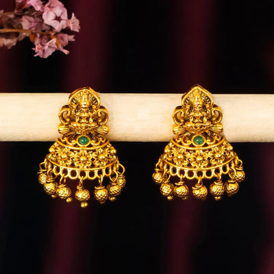 Heritage Temple Jhumka with Laxmi Motif & Pink Stones V-2261