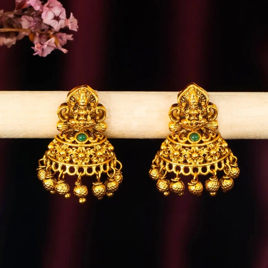 Heritage Temple Jhumka with Laxmi Motif & Pink Stones V-2261