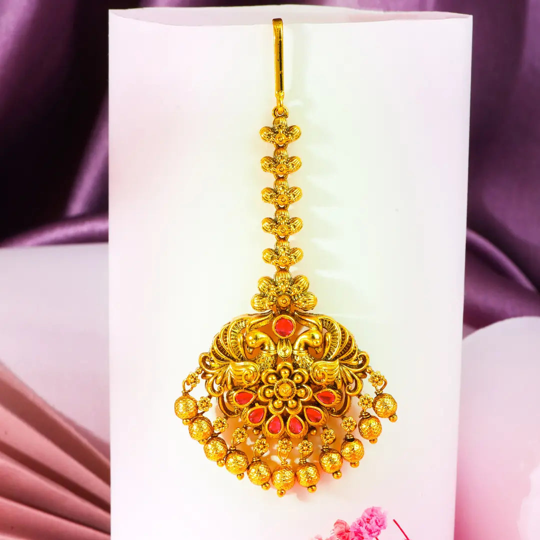 Antique Temple Jewellery Maang Tikka with Pearl Drops