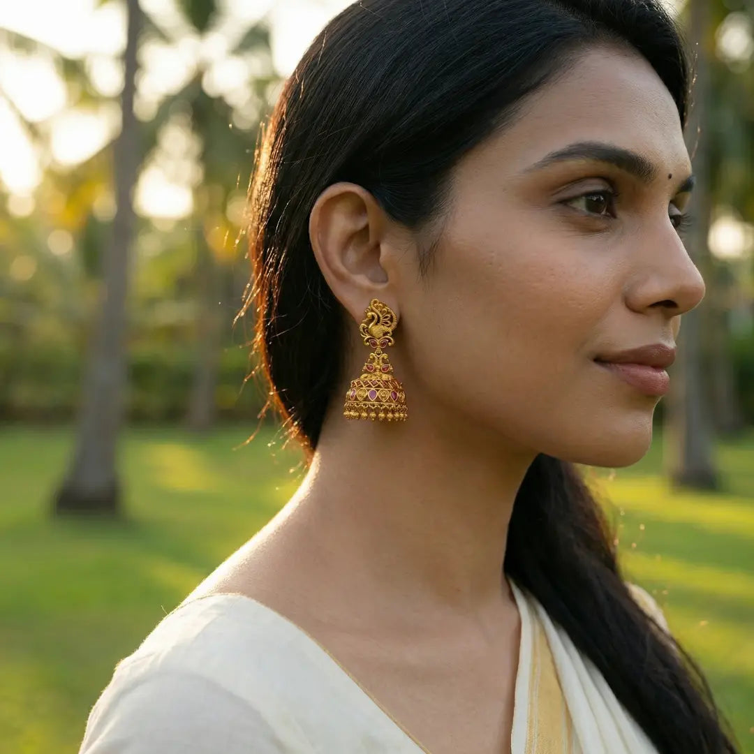 Mayura Ratna Jhumka | Gold-Plated Peacock Gemstone Temple Earrings