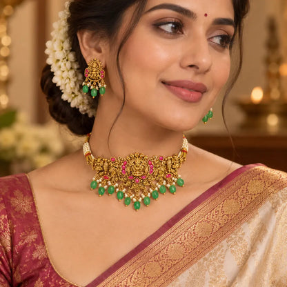 Lakshmi Temple Jewellery Bridal Choker Set with Emerald Bead Drops J-478