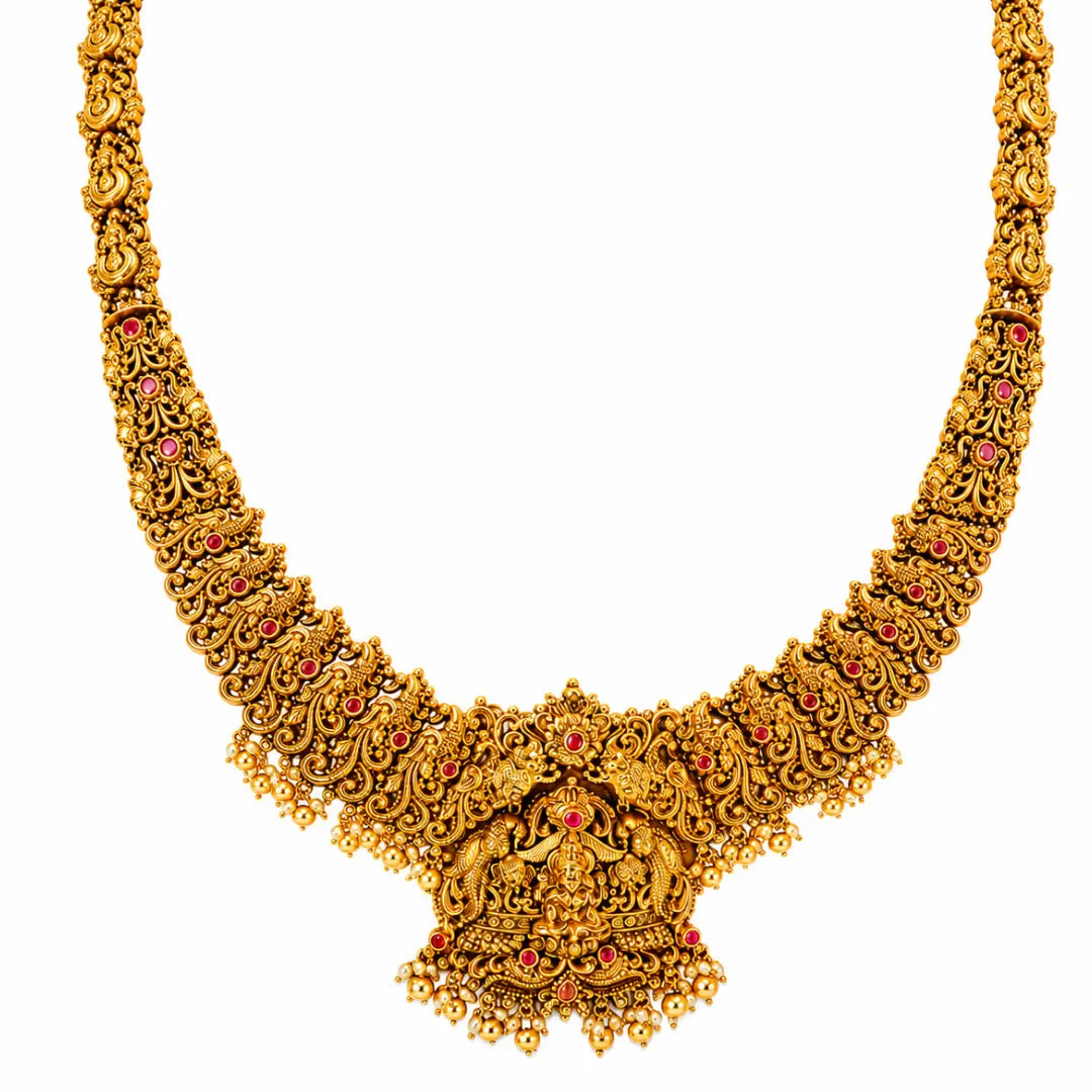 Muthu Kamalam Swarna Kanti Long Necklace Set | Gold-Plated Temple  J-1050