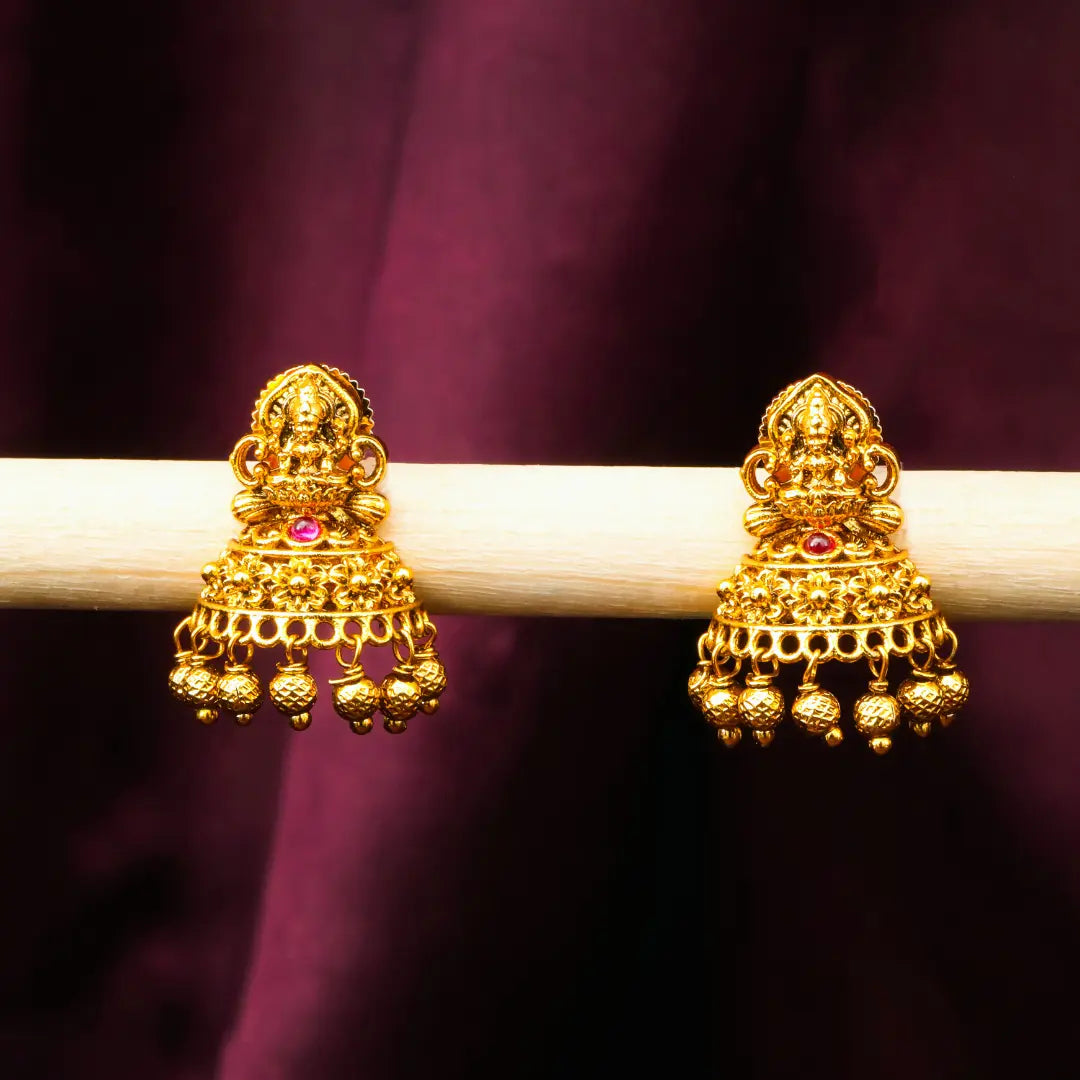 Heritage Temple Jhumka with Laxmi Motif & Pink Stones V-2261