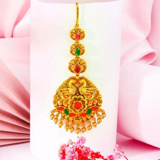 Antique Gold Plated Maang Tikka with Pink Stones R-1775