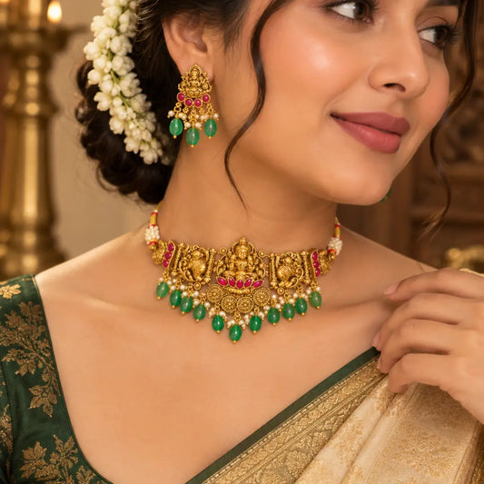 Lakshmi Temple Jewellery Bridal Choker Set with Green Stone Drops J-479