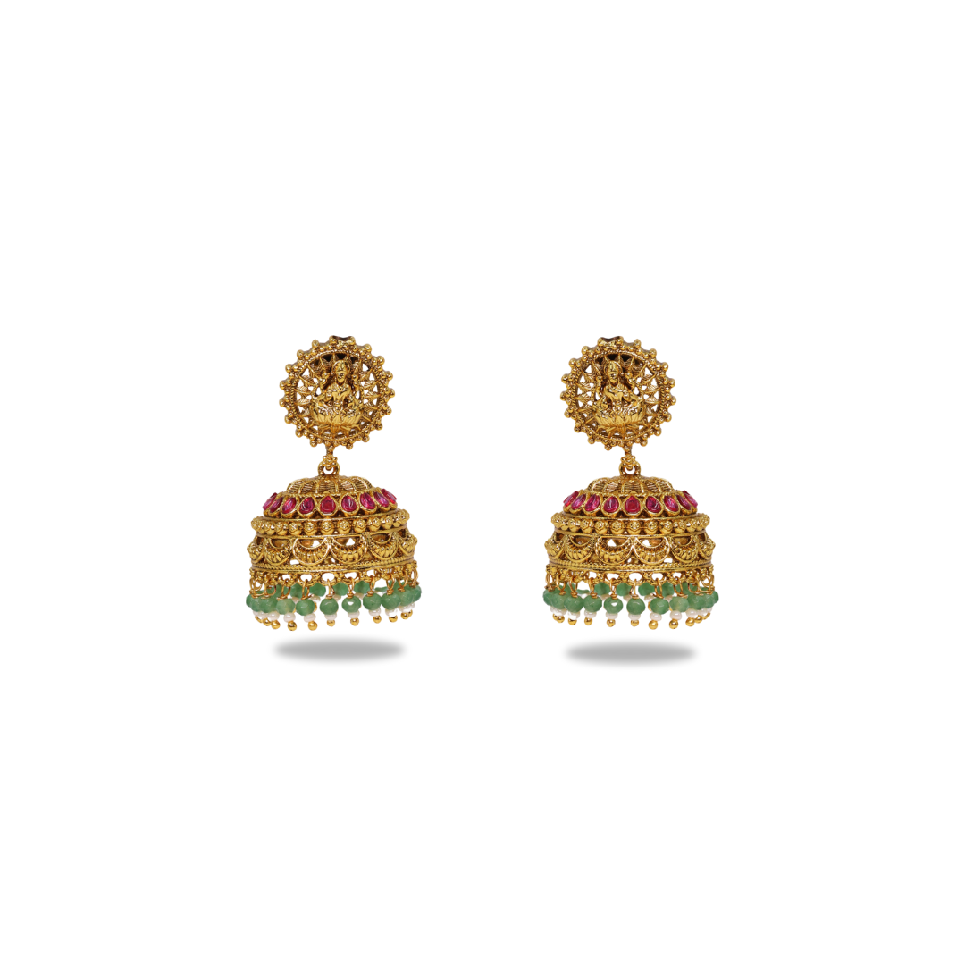 Antique Laxmi Temple Jhumka with Green Beads R-2230