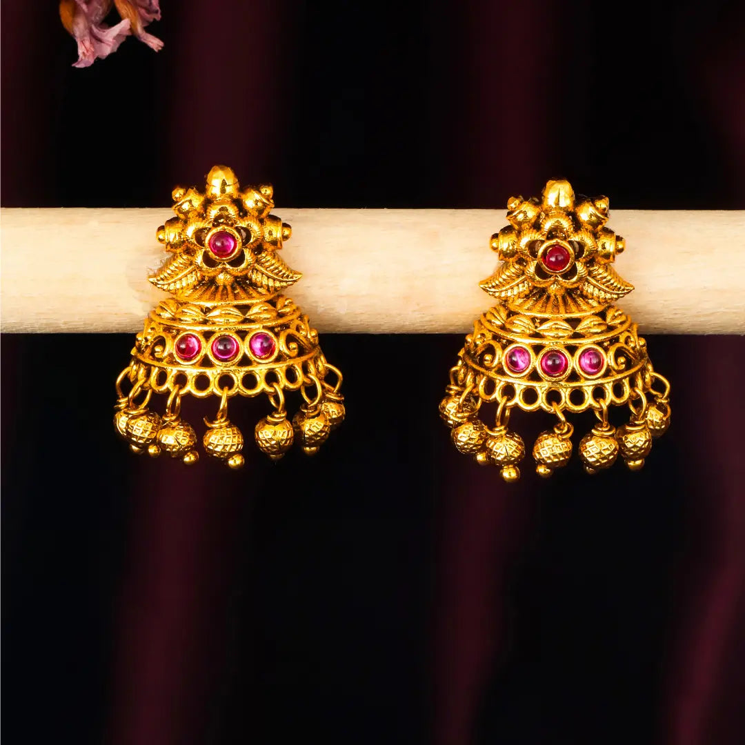 Antique Gold Plated Temple Jhumka with Floral Motif R-2263