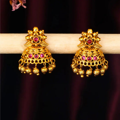 Antique Gold Plated Temple Jhumka with Floral Motif R-2263
