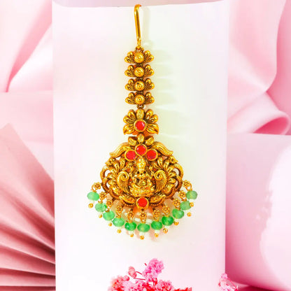 Lakshmi Temple Jewellery Maang Tikka with Green Bead Drops