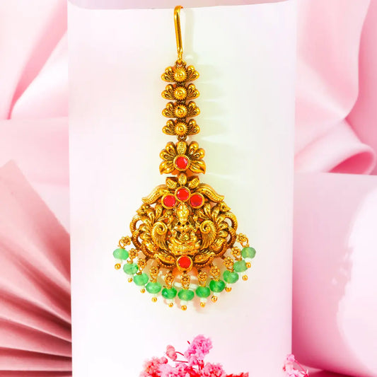 Lakshmi Temple Jewellery Maang Tikka with Green Bead Drops