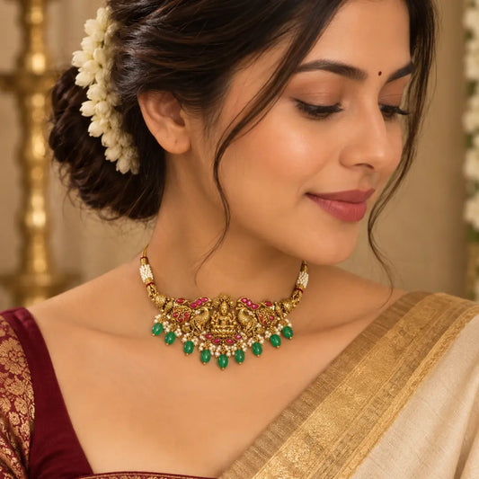 Lakshmi Temple Jewellery Bridal Choker Set with Green Beads J-531