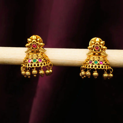 Antique Gold Plated Temple Jhumka with Floral Motif R-2263
