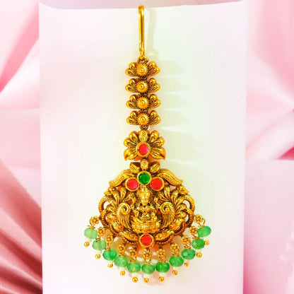 Lakshmi Temple Jewellery Maang Tikka with Green Bead Drops