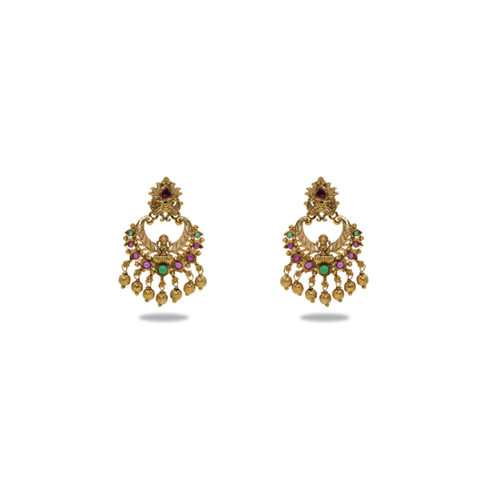 Heritage Temple Chandbali with Peacock Design & Multicolor Stones