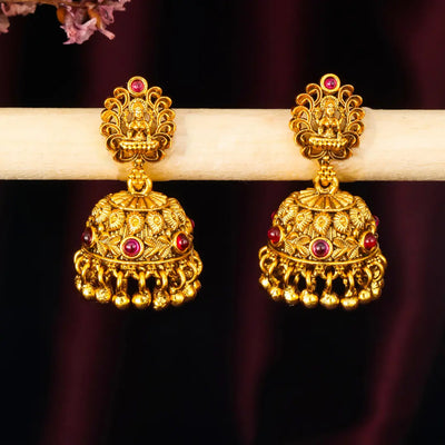 Antique Temple Jhumka Earrings with Pink Stone Accents R-1243