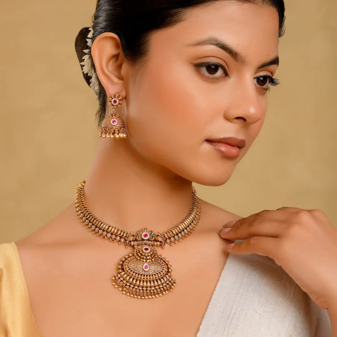 Mahalakshmi Kemp Combo Necklace Set | Gold-Plated Temple Jewellery  J-850N