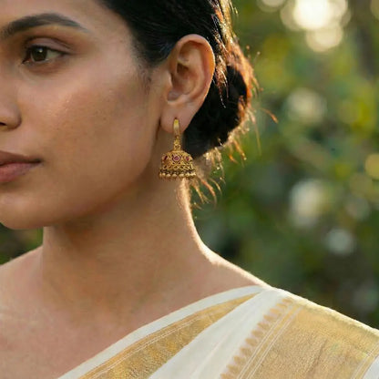 Tulsi Jhumki | Gold-Plated Sacred Basil Temple Stud Earrings T-89