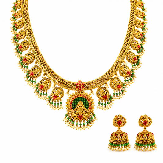 Antique Kamalam Manga Muthu Kanti Long Necklace Set | Gold-Plated Temple J-837