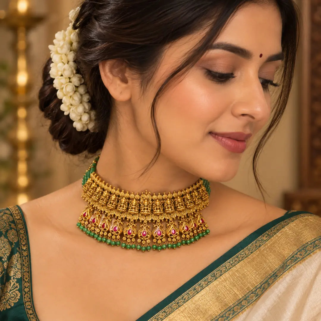 1 Gram Gold Choker Set | Deity Row with Ruby Peacock Drops J-679