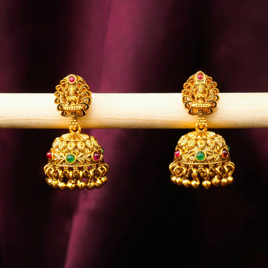 Antique Temple Jhumka Earrings with Pink Stone Accents R-1243