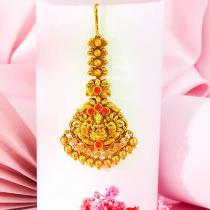 Lakshmi Temple Jewellery Maang Tikka with Green Bead Drops