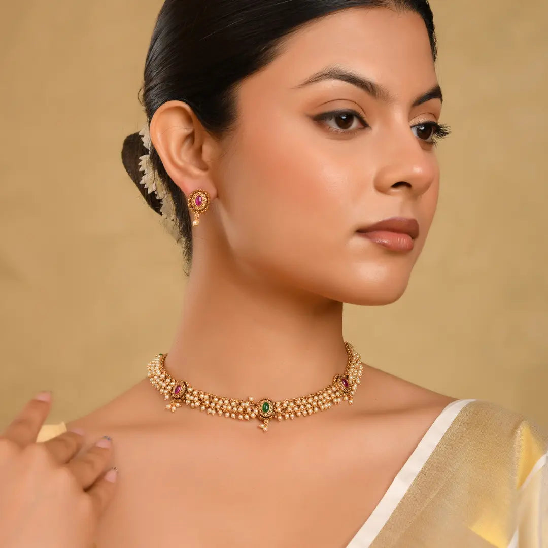 Classic South Temple Short Necklace Set – Ruby, Emerald & Pearl Detailing T-38