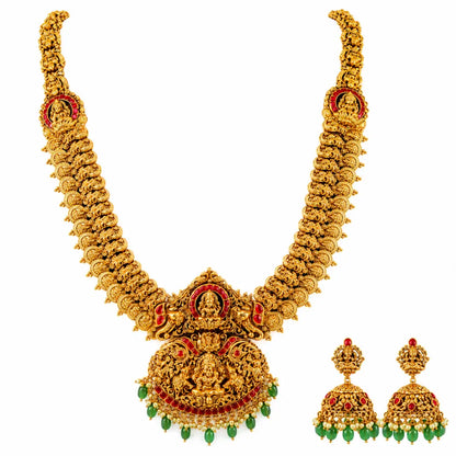 Swarna Kodi Navaratna Kanti Long Necklace Set | Gold-Plated Temple
