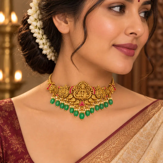 Traditional Lakshmi Temple Jewellery Bridal Choker Set with Green Beads J-954