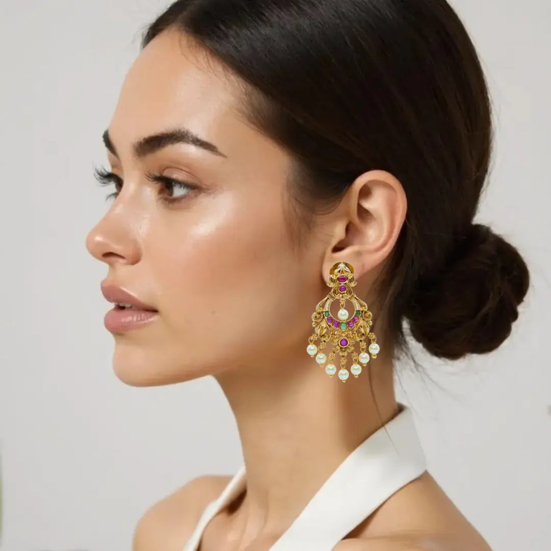 Antique Gold-Plated Chandbali with Pearl Drops R-1043