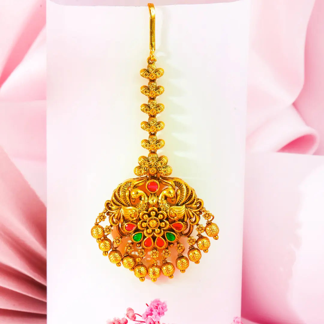 Antique Temple Jewellery Maang Tikka with Pearl Drops