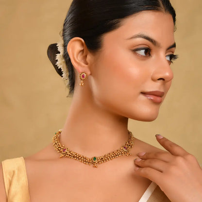 Classic South Temple Short Necklace Set – Ruby, Emerald & Pearl Detailing T-38