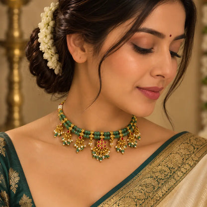 1 Gram Gold Choker Set | Green Bead Ruby Jhumka Drop Design