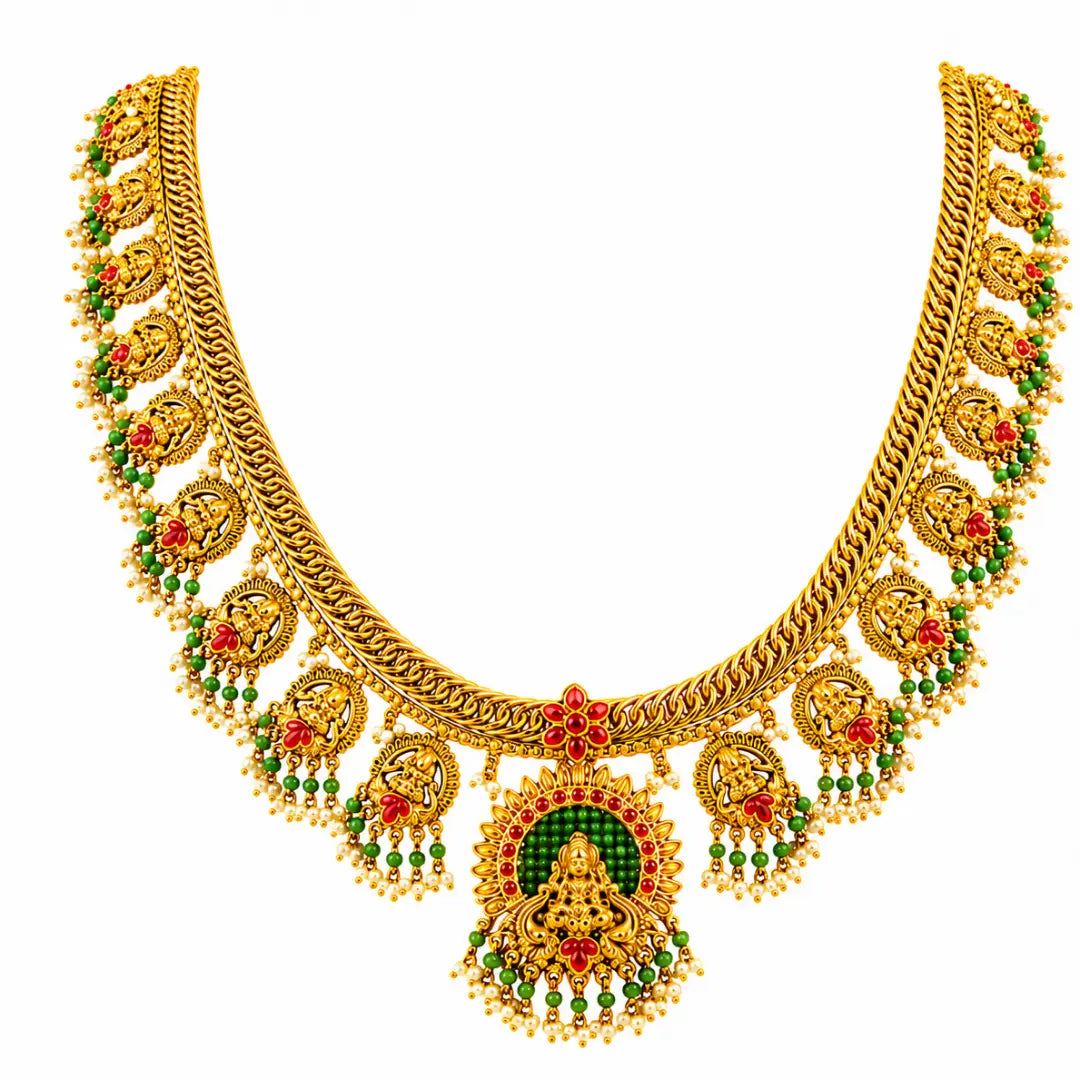 Antique Kamalam Manga Muthu Kanti Long Necklace Set | Gold-Plated Temple J-837