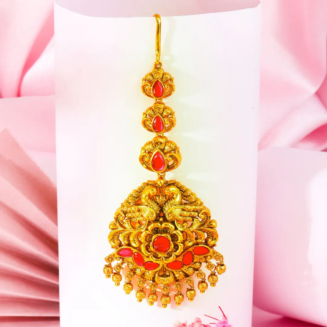 Antique Gold Plated Maang Tikka with Pink Stones R-1775