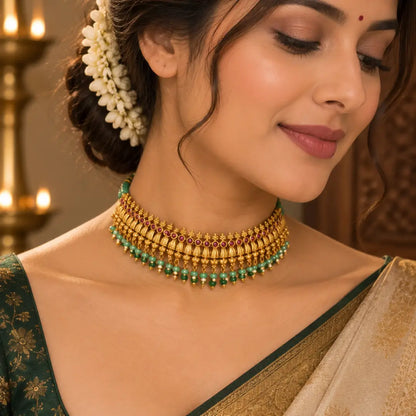 1 Gram Gold Choker Set | Pillar Drop Ruby Medallion Design K-1817