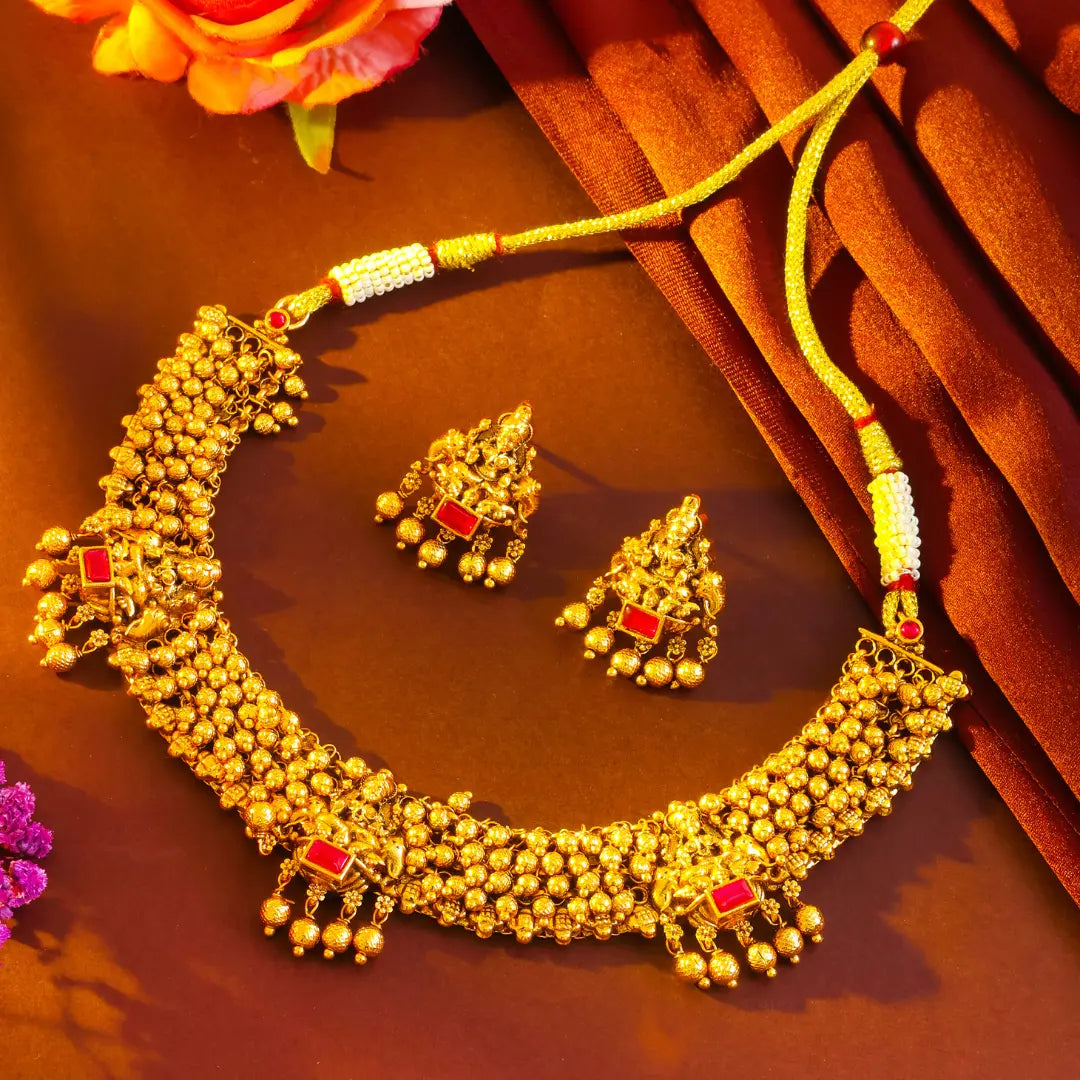 Lakshmi Temple Jewellery Short Necklace Set with Ruby Stone Jhumkas