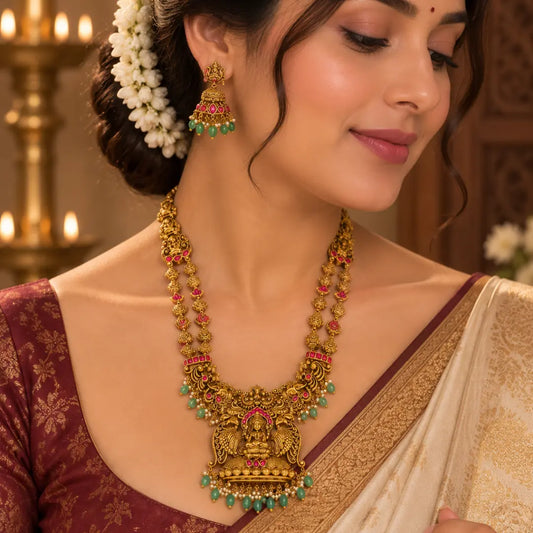 Mahalakshmi Long Haram Pendant Set | Gold-Plated Temple Necklace J-674