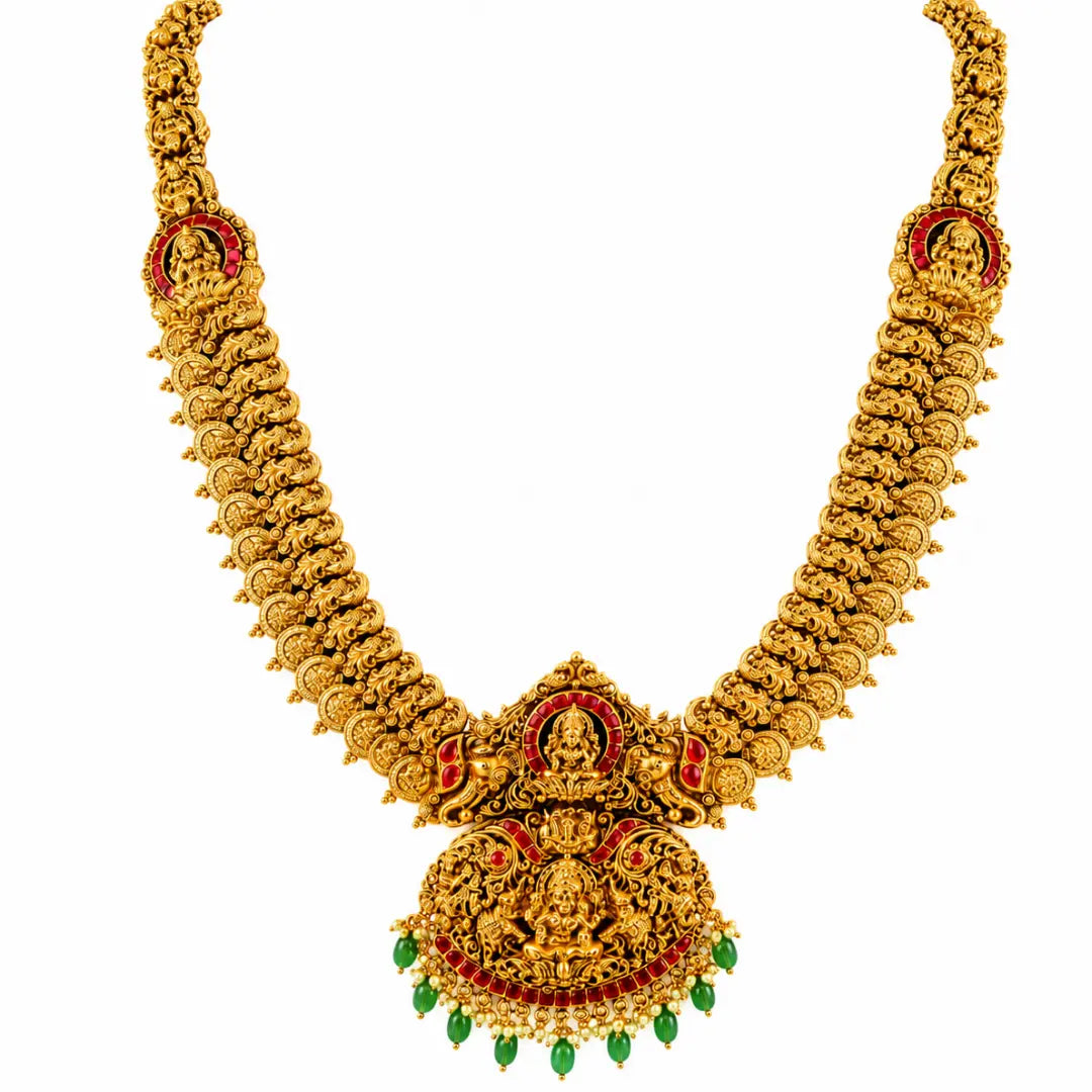 Swarna Kodi Navaratna Kanti Long Necklace Set | Gold-Plated Temple