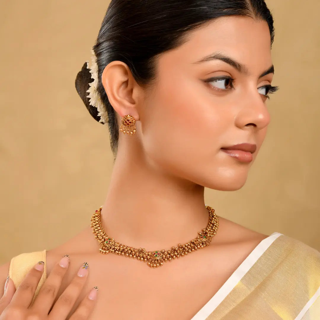 South Indian Temple Necklace Set – Pearl & Gemstone Beauty T-44A