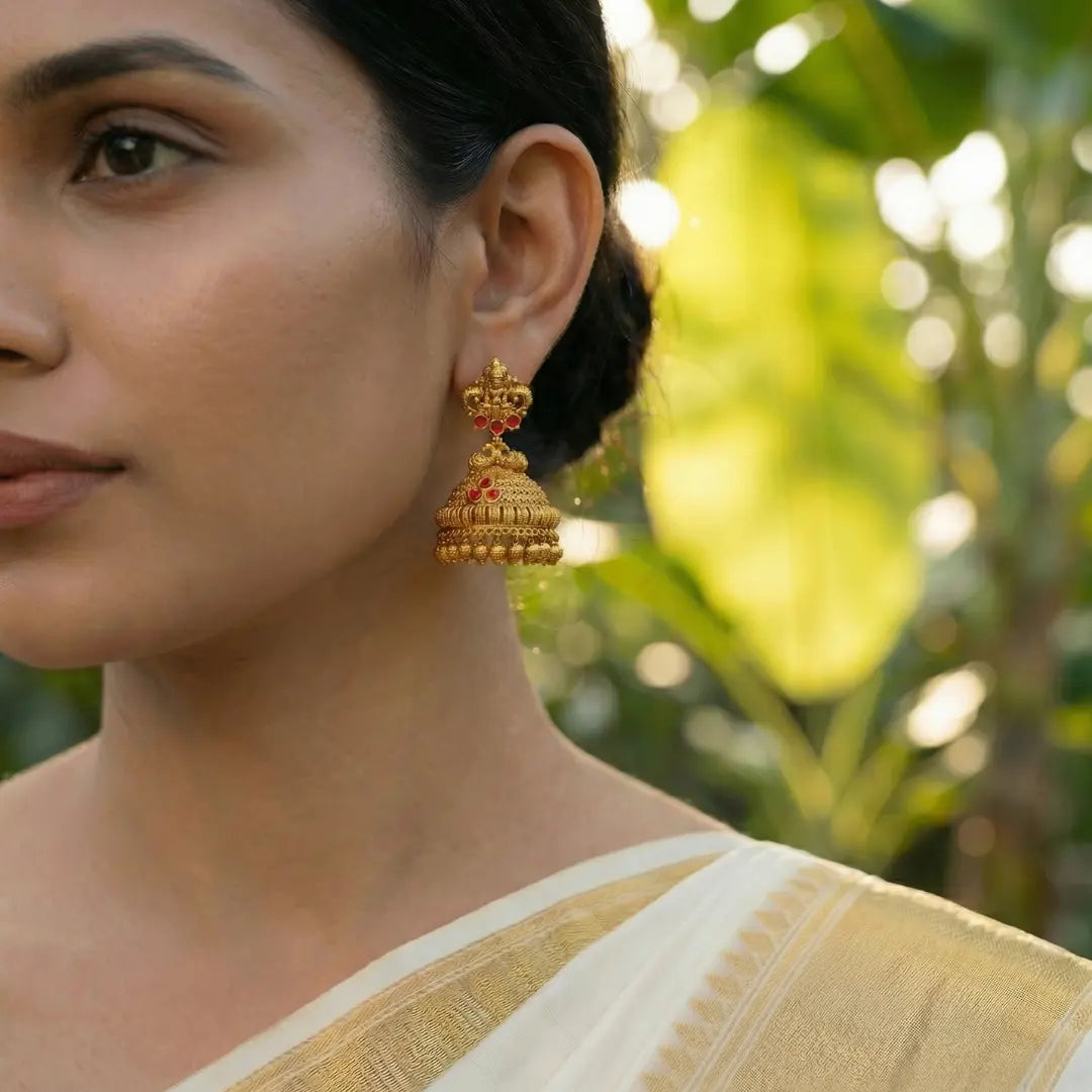 Hridaya Valli Jhumka | Gold-Plated Heart Vine Temple Earrings