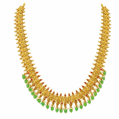 Pachi Navaratna Swarna Kanti Long Necklace Set | Gold-Plated Temple J-1030