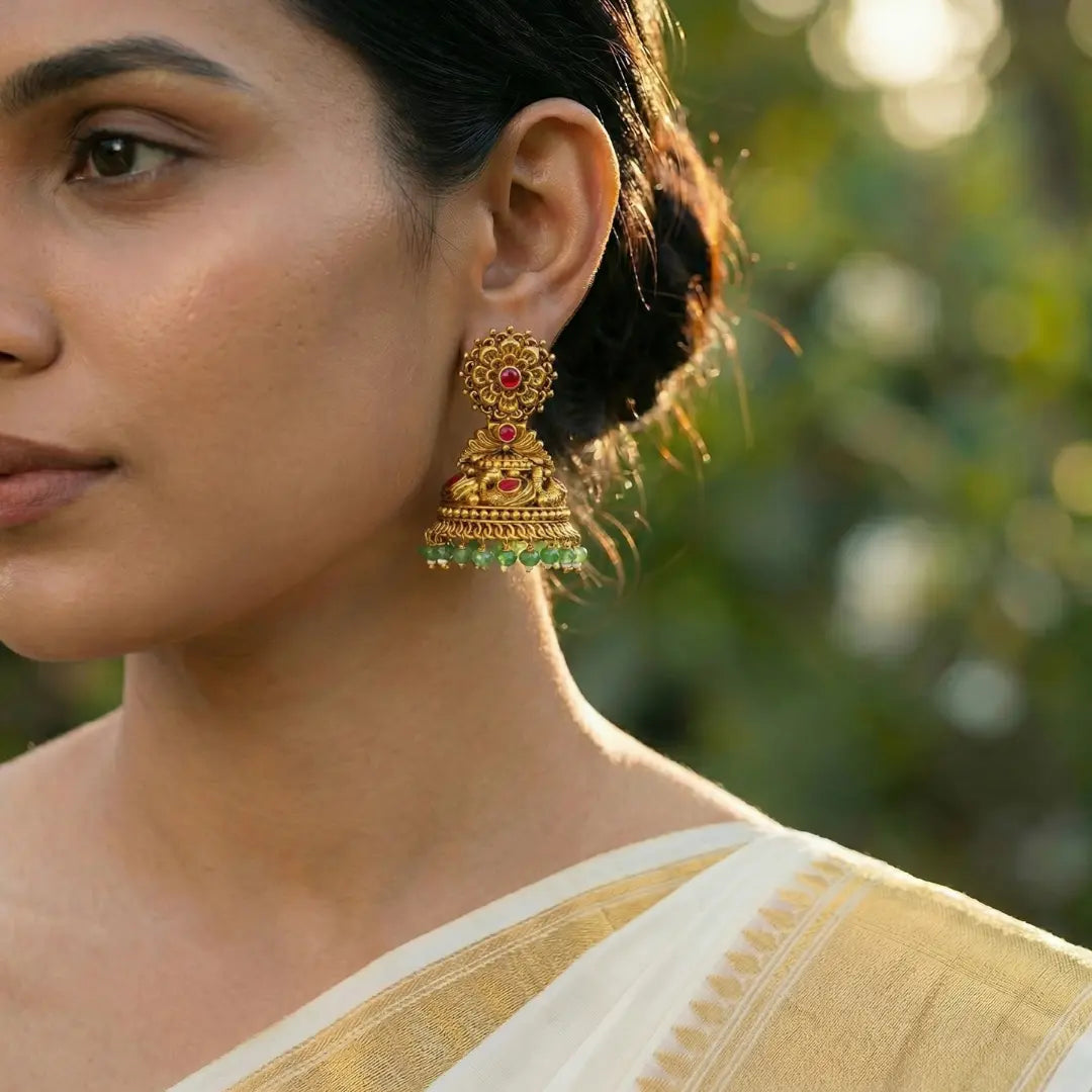 Ratna Garbha Jhumka | Gold-Plated Gemstone Temple Drop Earrings