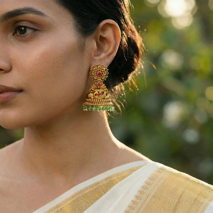 Ratna Garbha Jhumka | Gold-Plated Gemstone Temple Drop Earrings