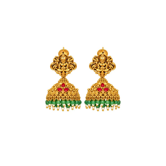 1 Gram Gold Plated Jhumka Earrings | Lakshmi Wing Red Stone Stud Dome