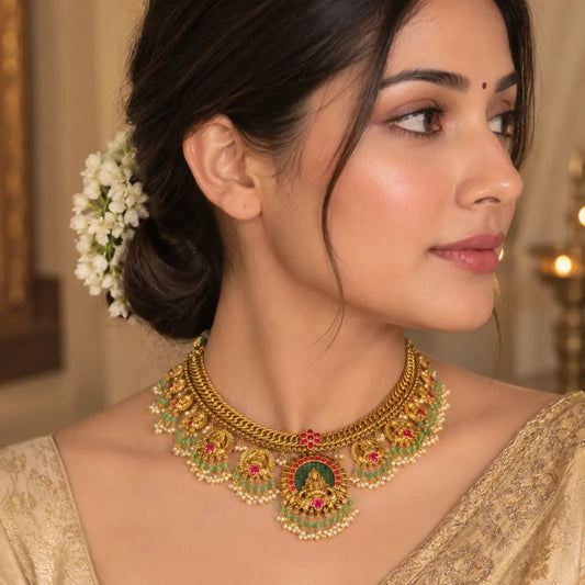 Pachi Swarna Kodi Kanti Short Necklace Set | Gold-Plated Temple Jewellery J-836
