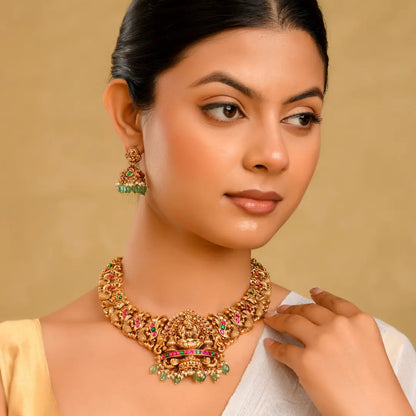 Gajalakshmi Bridal Combo Necklace Set | Gold-Plated Temple Jewellery J-1051N