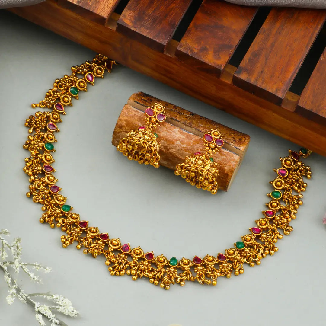 Heritage Gold Plated Ruby Temple Necklace Set