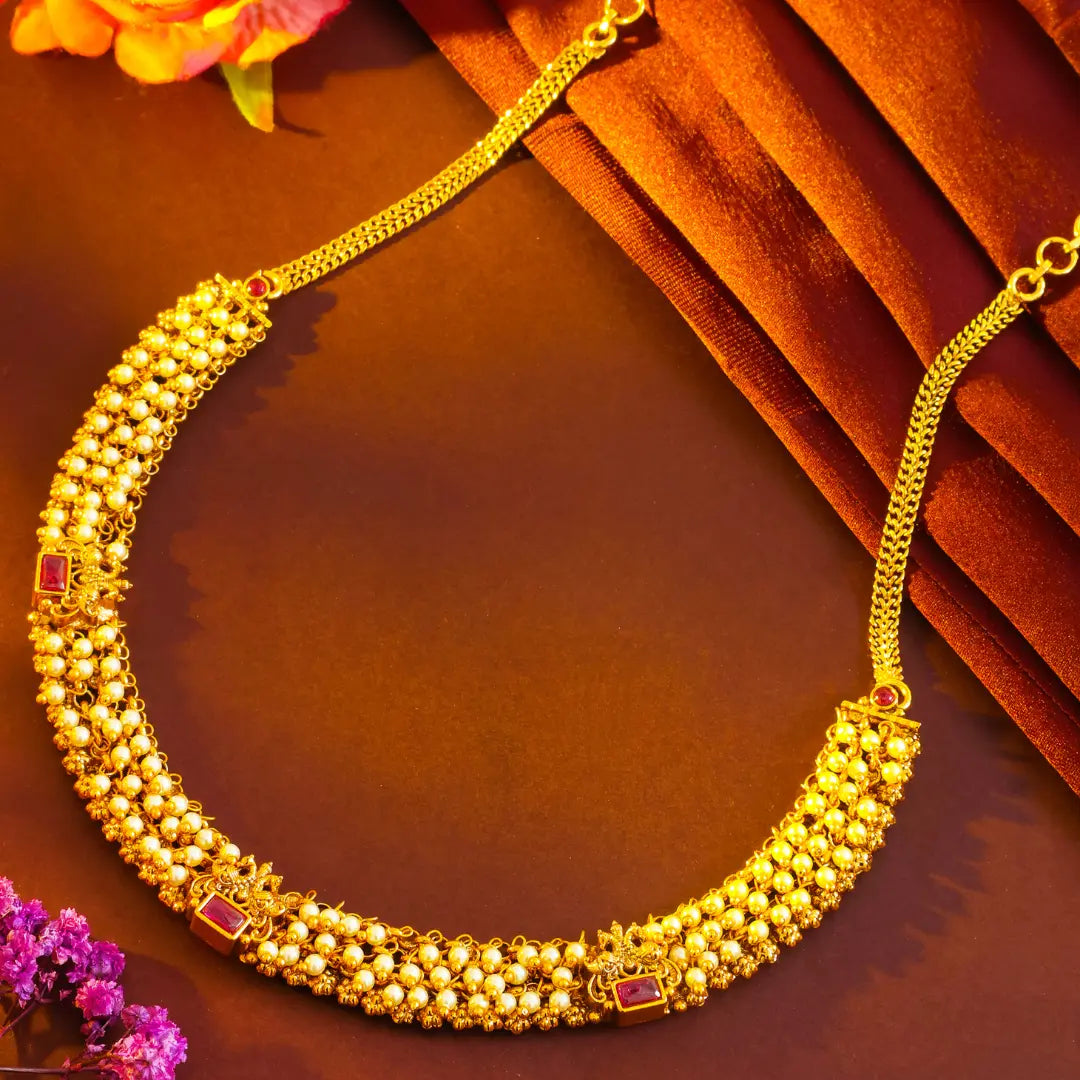 Antique Temple Jewellery Short Necklace Set with Pearl Detailing